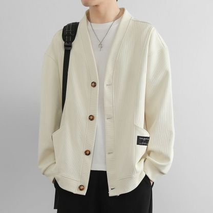 潮流素色簡約寬鬆休閒V領開衫外套