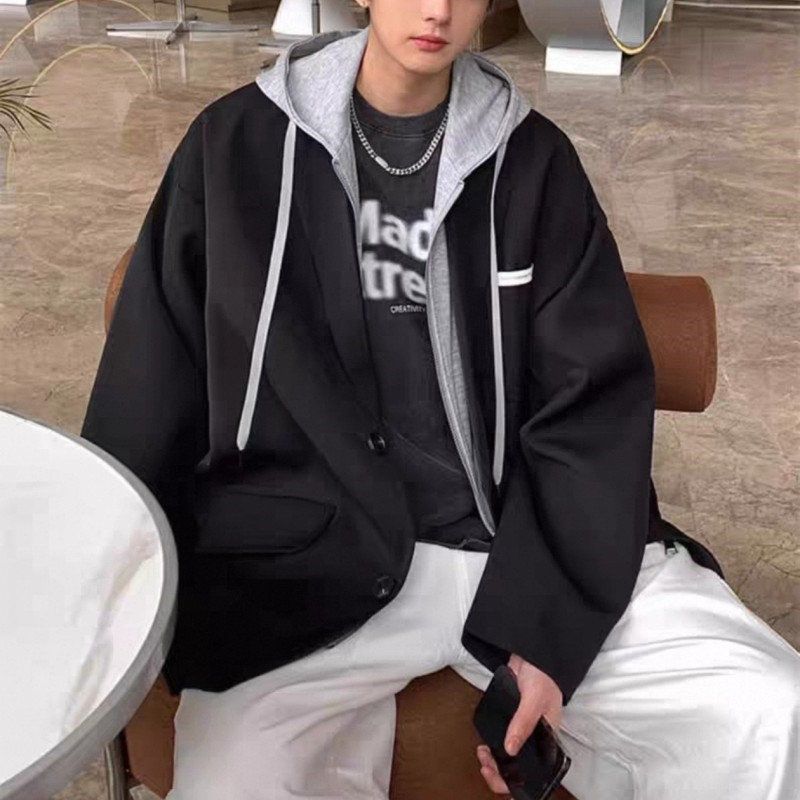 假兩件連帽港風寬鬆休閒高級帥氣西裝外套