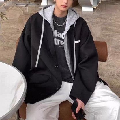 假兩件連帽港風寬鬆休閒高級帥氣西裝外套