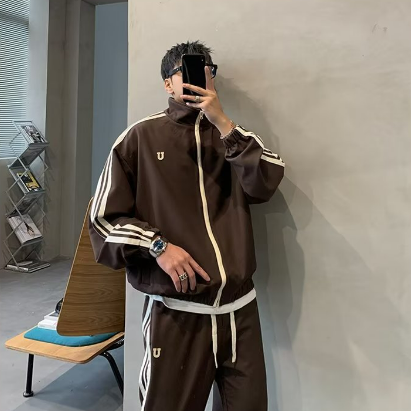 【整套】港式雙桿慵懶運動風情侶長袖外套+休閒寬鬆ins百搭長褲兩件套裝