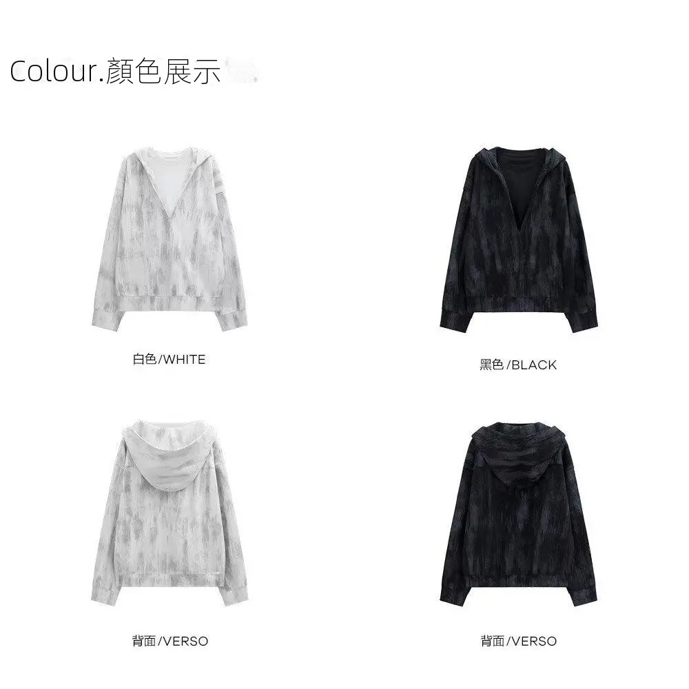 深V領港風潮牌滿印寬鬆百搭套頭連帽T