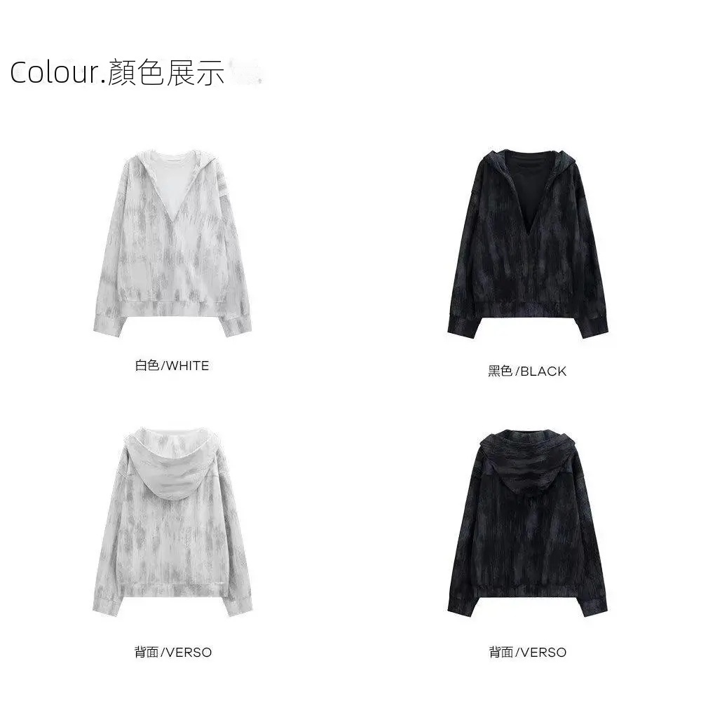 深V領港風潮牌滿印寬鬆百搭套頭連帽T