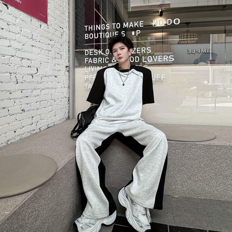 【整套】美式復古拼接撞色痞帥短袖T恤+設計感休閑長褲兩件套