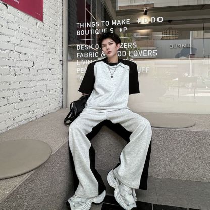 【整套】美式復古拼接撞色痞帥短袖T恤+設計感休閑長褲兩件套