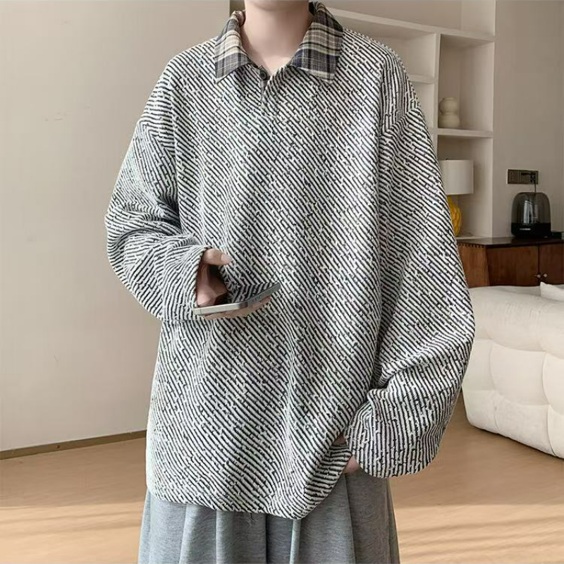 假兩件針織polo打底衫寬鬆大碼長袖t恤