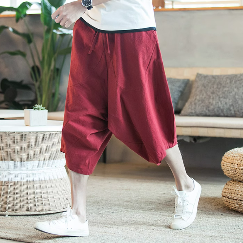 寬鬆薄款休閒亞麻潮流沙灘棉麻七分哈倫褲