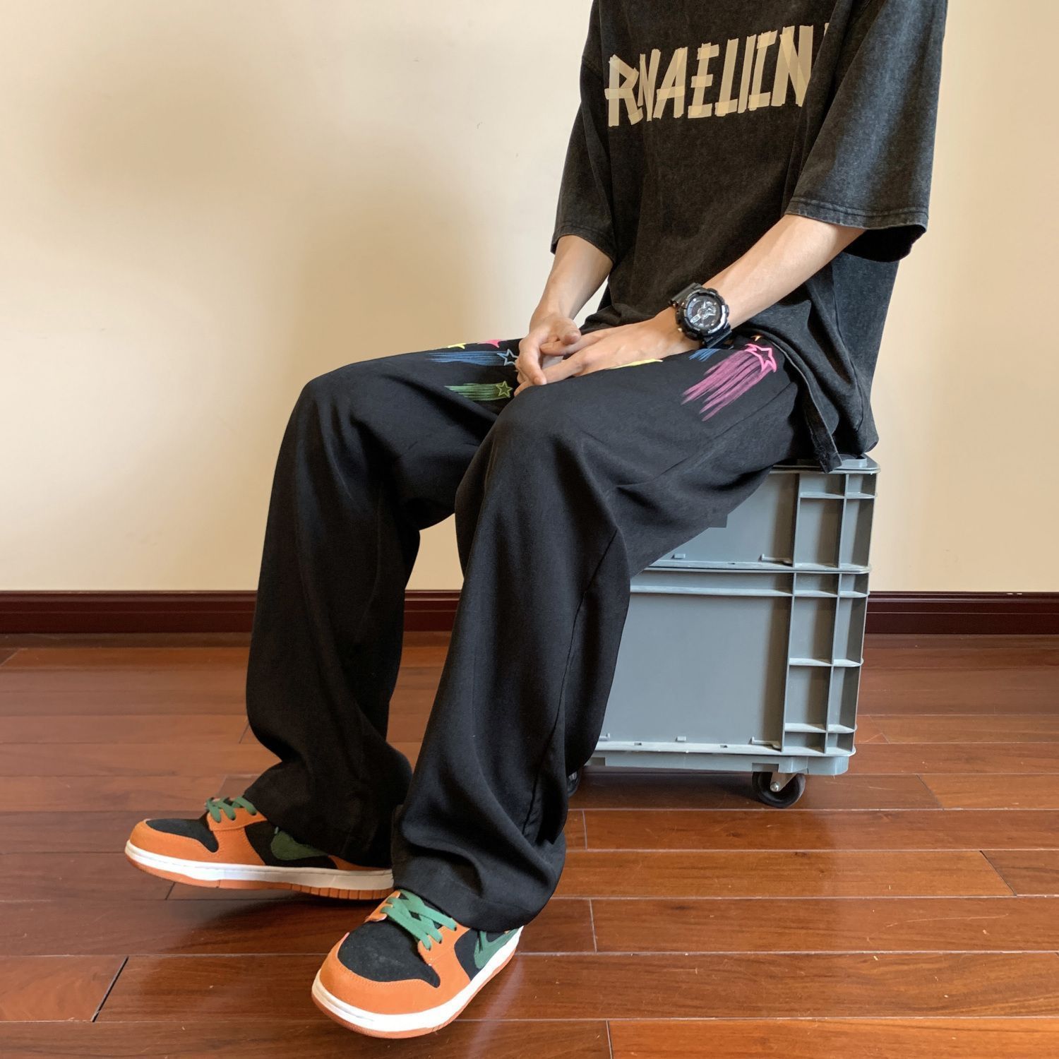 塗鴉星星美式復古休閒垂感痞帥直筒運動褲