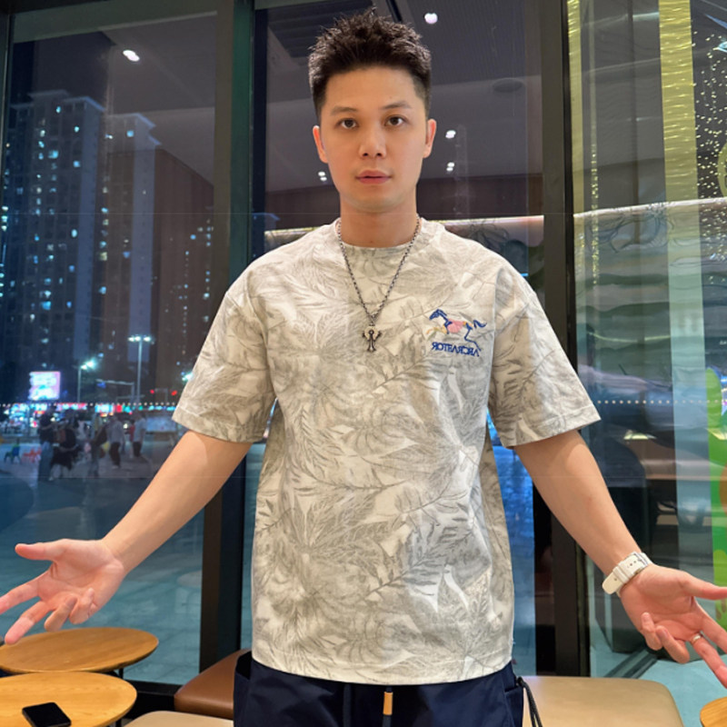 時尚痞帥棉質扎染恐龍馬刺繡短袖T恤