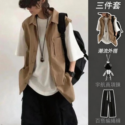 【單件/套裝】日系街頭假兩件工裝襯衫+短袖打底衫+項鏈+百搭休閑褲四件套