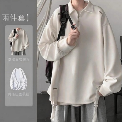 【單件/套裝】日系polo領設計感半拉鏈翻領上衣+長袖T恤+百搭休閑褲三件套