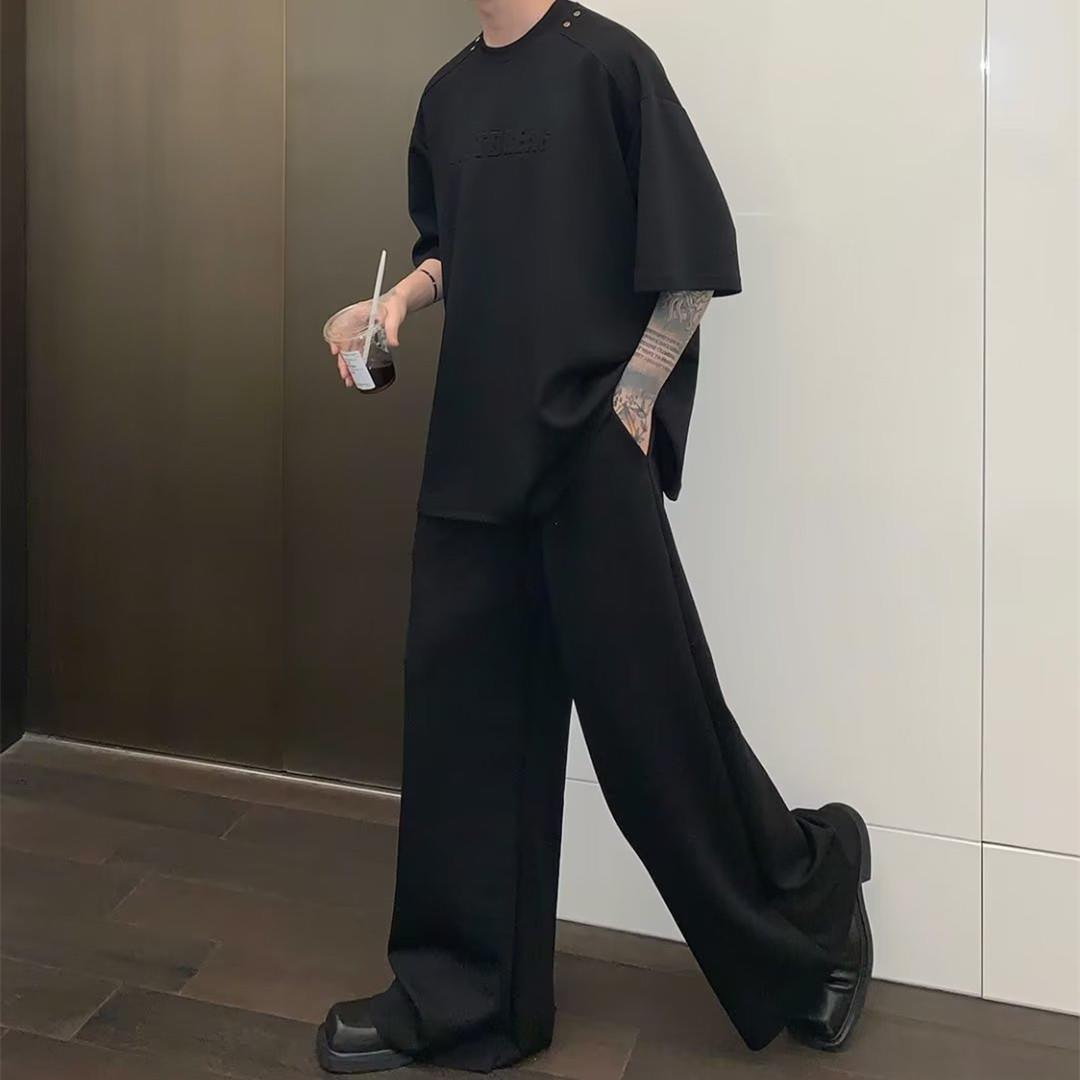 【整套】高街痞帥休閑寬松短袖t恤+運動直筒闊腿褲兩件套