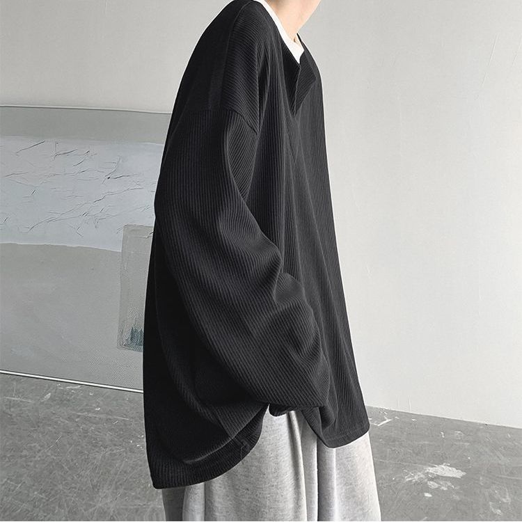 垂墜感潮流休閒假兩件港風日系長袖T恤