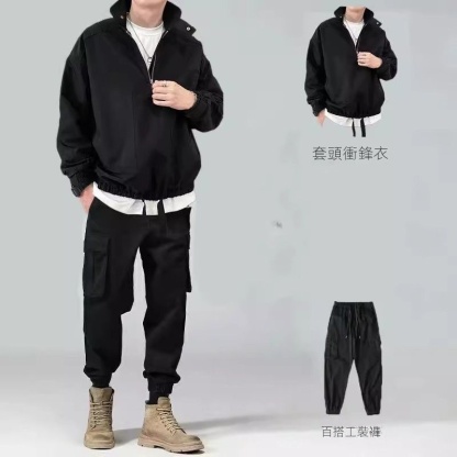 【單件/套裝】美式復古衝鋒衣痞帥夾克外套+長袖T恤+潮牌休閒褲三件套