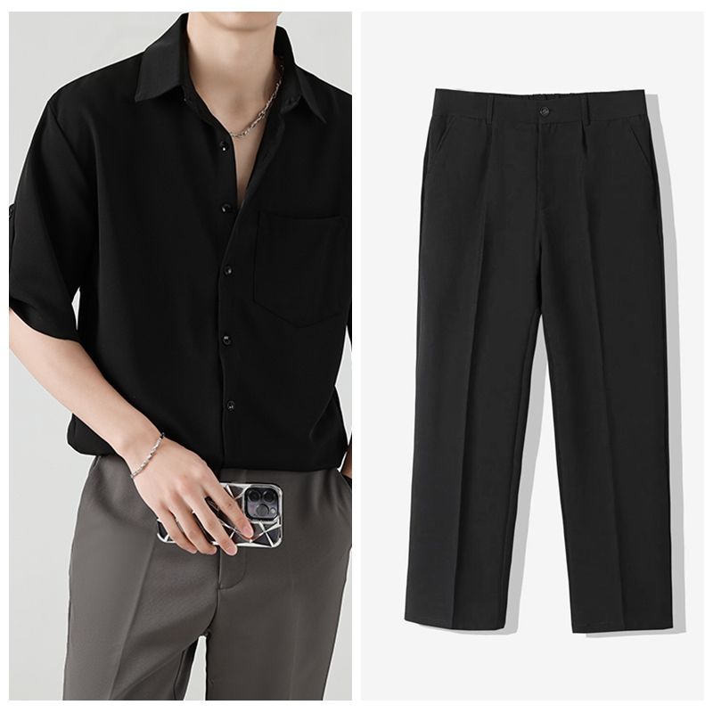 【單件/套裝】冰絲設計感七分短袖襯衫+休閒西褲兩件套裝