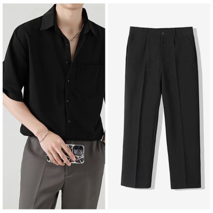 【單件/套裝】冰絲設計感七分短袖襯衫+休閒西褲兩件套裝