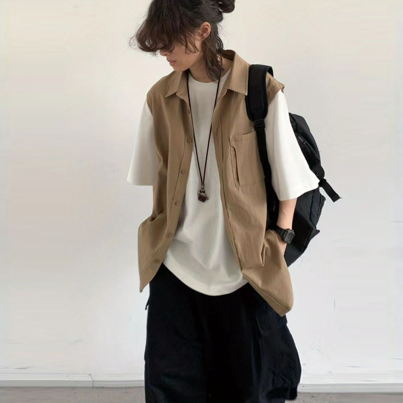 【單件/套裝】日系街頭假兩件工裝襯衫+短袖打底衫+項鏈+百搭休閑褲四件套