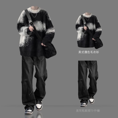【單件/套裝】Oversize美式復古加厚撞色慵懶風針織毛衣+休閑牛仔褲兩件套