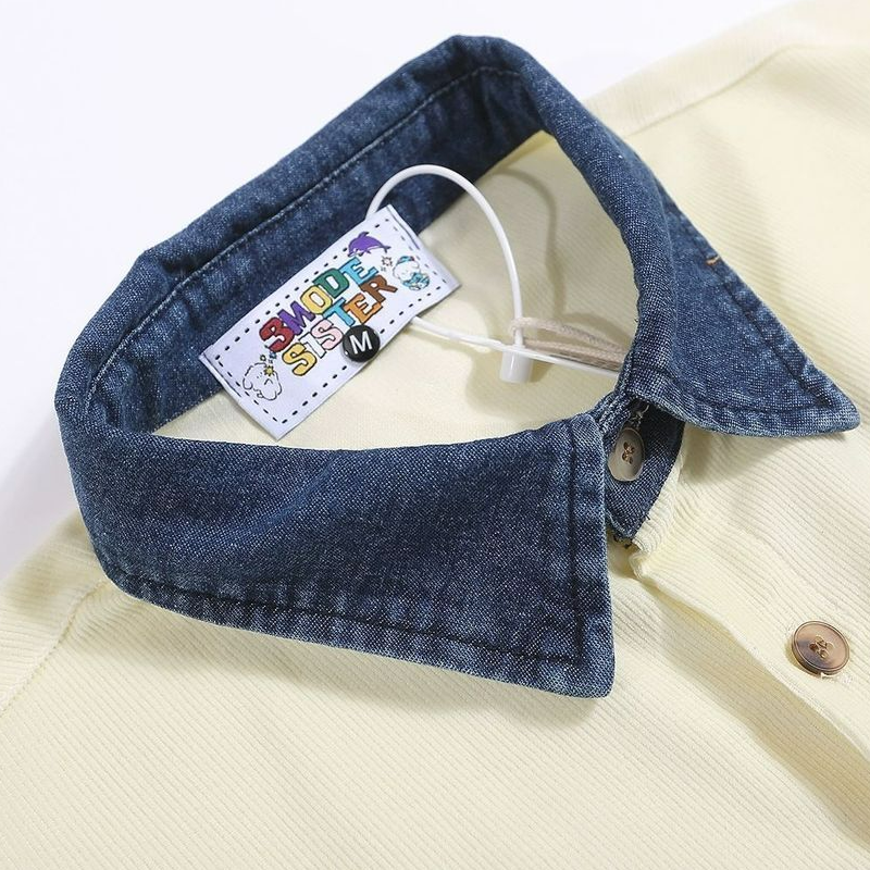 @美式復古寬鬆刺繡拼接牛仔領短袖襯衫