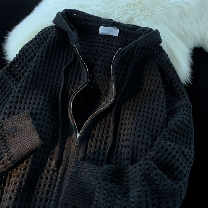 設計感高級鏤空連帽開衫防曬衣男女春夏寬鬆針織衫ins慵懶風外套