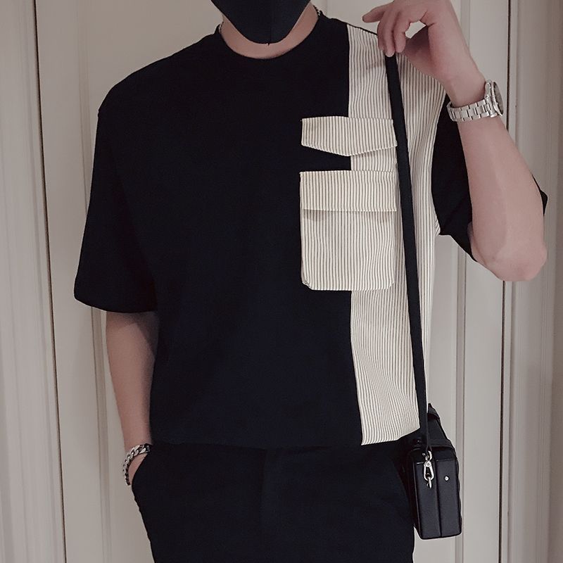 時尚潮流百搭休閒拼接純棉短袖T恤