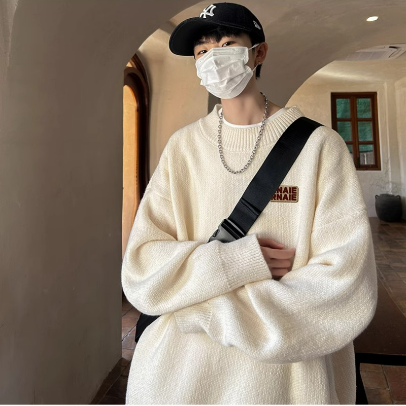 加厚慵懶風休閒寬鬆型素色長袖圓領針織毛衣