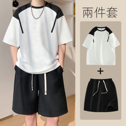 套裝男士夏季薄款休閒整套搭配青少年寬鬆短袖透氣t恤五分短褲男