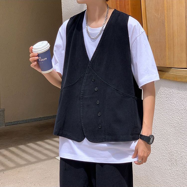 【單件/套裝】日系痞帥潮流高級工裝馬甲+百搭T恤+休閑闊腿褲三件套