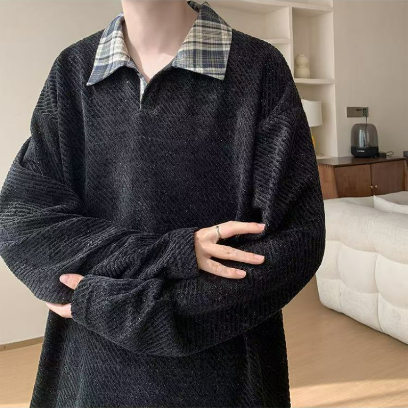 假兩件針織polo打底衫寬鬆大碼長袖t恤