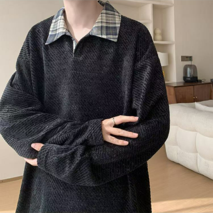 假兩件針織polo打底衫寬鬆大碼長袖t恤