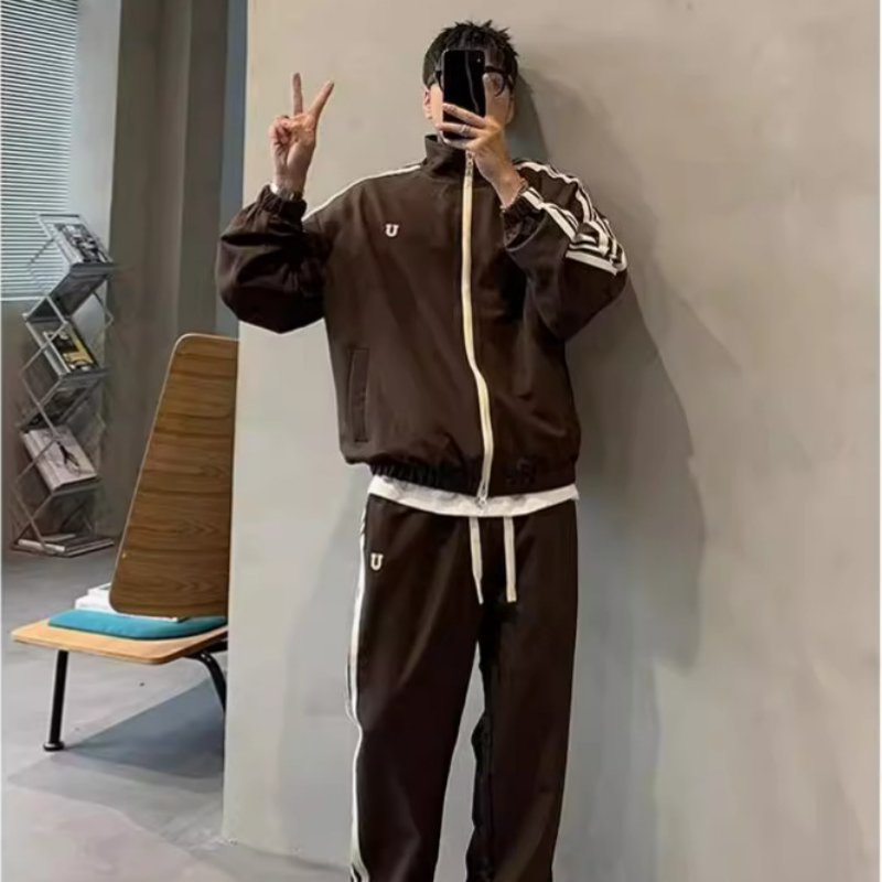 【整套】港式雙桿慵懶運動風情侶長袖外套+休閒寬鬆ins百搭長褲兩件套裝