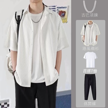 【整套】Ins港風韓版潮流短袖條紋襯衫帥氣百搭三件套裝
