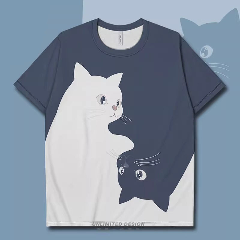 小貓咪黑白撞色簡約兩極設計潮流短袖T恤