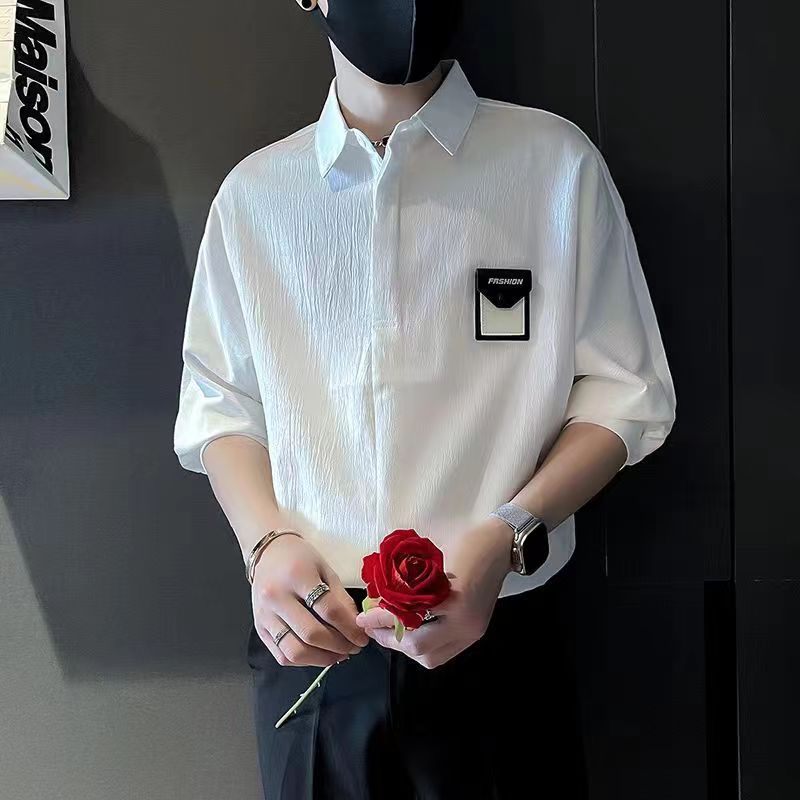 潮流時尚休閒寬鬆痞帥冰絲五分短袖襯衫