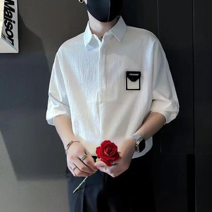 潮流時尚休閒寬鬆痞帥冰絲五分短袖襯衫