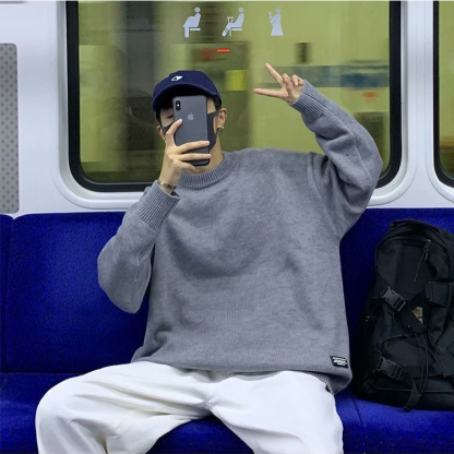 韓版寬鬆休閑長袖潮流圓領針織毛衣