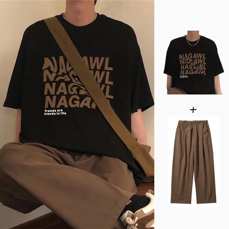 【單件/套裝】美式復古字母印花短袖T恤+百搭休閒直筒褲裝兩件套套裝