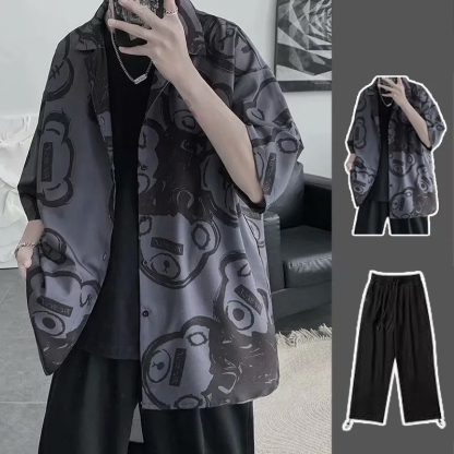 【單件/整賣】韓版短袖港風痞帥寬鬆百搭印花三件套裝