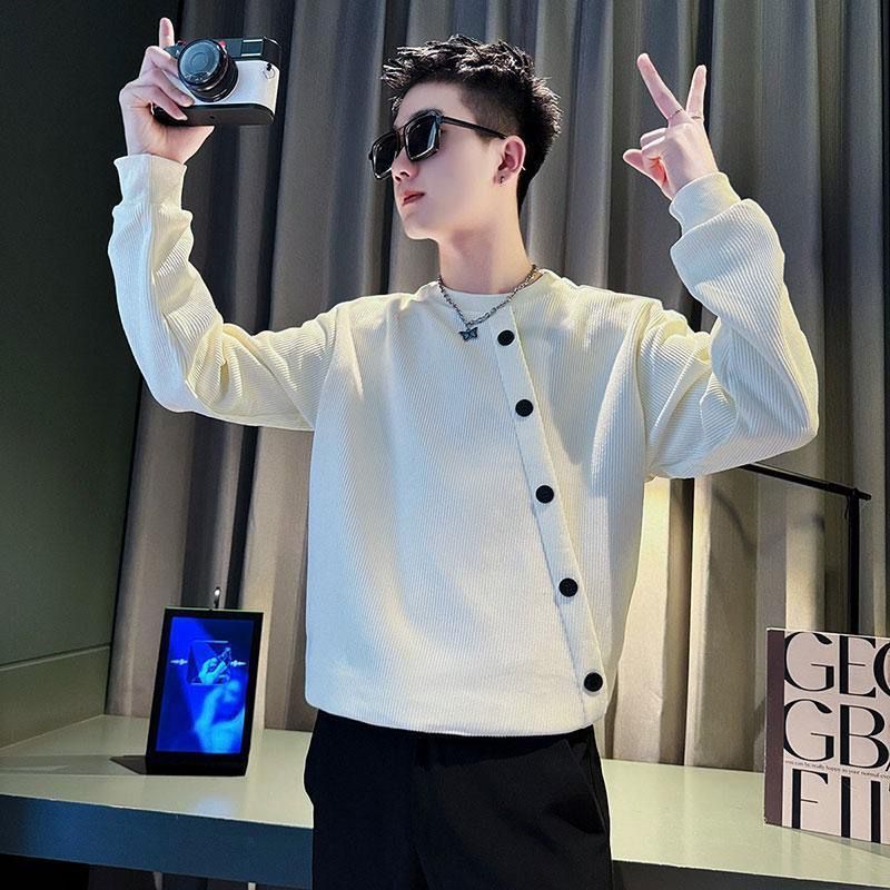 潮牌痞帥排扣打底衫燈芯絨長袖T恤