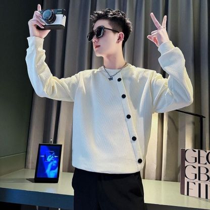 潮牌痞帥排扣打底衫燈芯絨長袖T恤