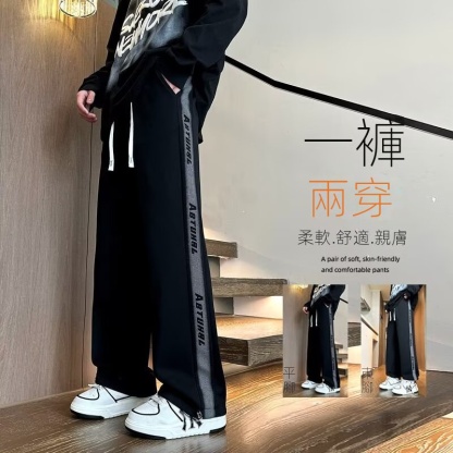 【一褲兩穿】時尚帥氣直筒寬鬆側貼條休閒長褲