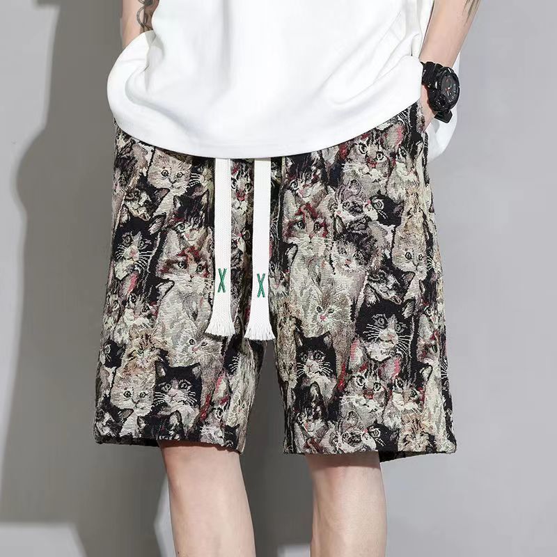 冰絲薄款滿印花寬鬆運動休閒五分短褲