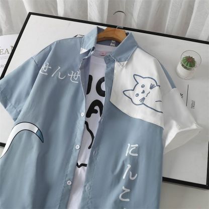 貓咪ins潮流日系印花短袖襯衫