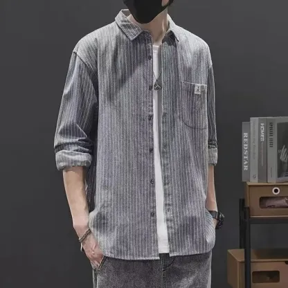 潮牌日系條紋打底長袖內搭寬鬆休閒襯衫