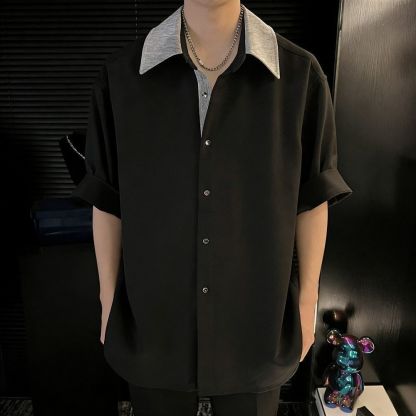 拼接領撞色假兩件薄款冰絲透氣短袖襯衫