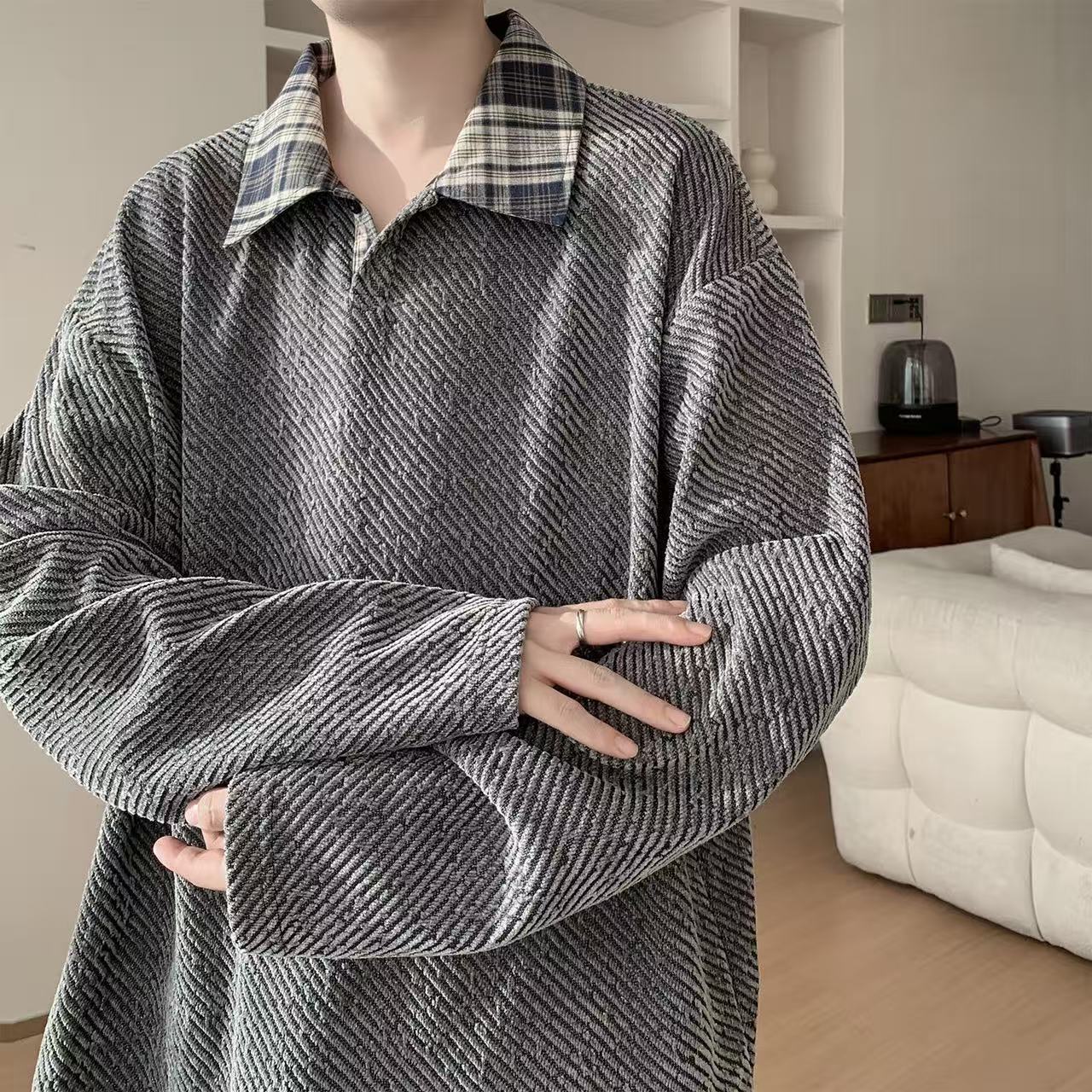 假兩件針織polo打底衫寬鬆大碼長袖t恤