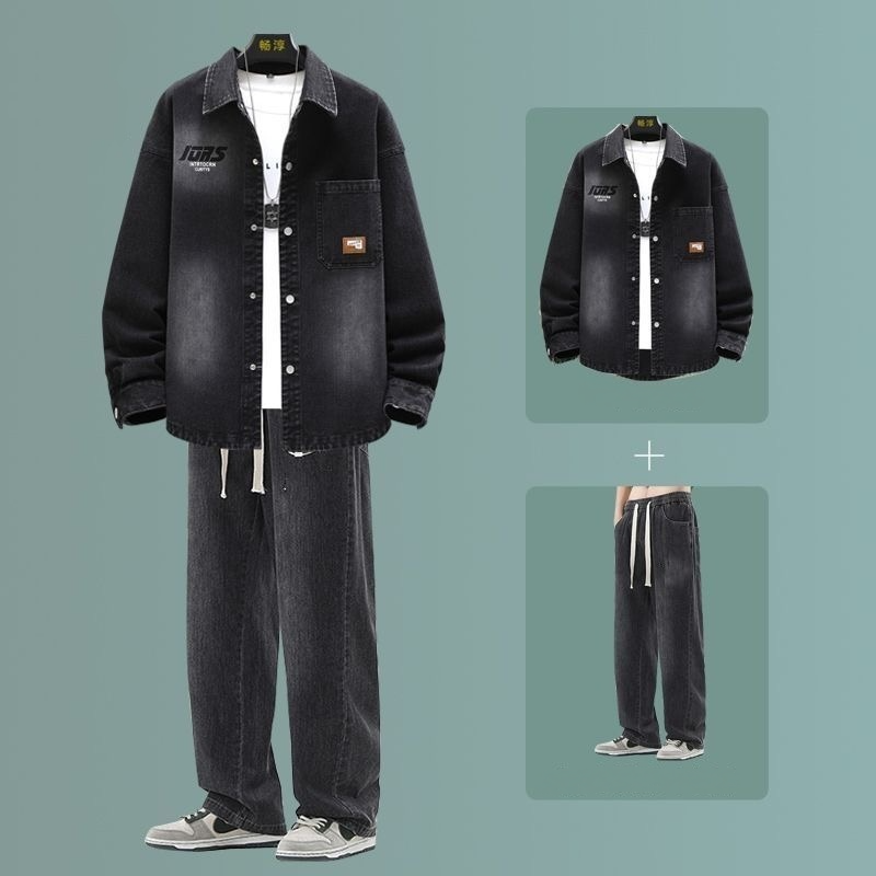 【單件/套裝】牛仔翻領夾克襯衫+系帶牛仔褲裝兩件套套裝