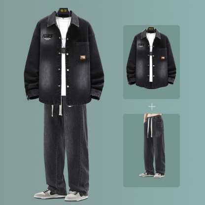 【單件/套裝】牛仔翻領夾克襯衫+系帶牛仔褲裝兩件套套裝