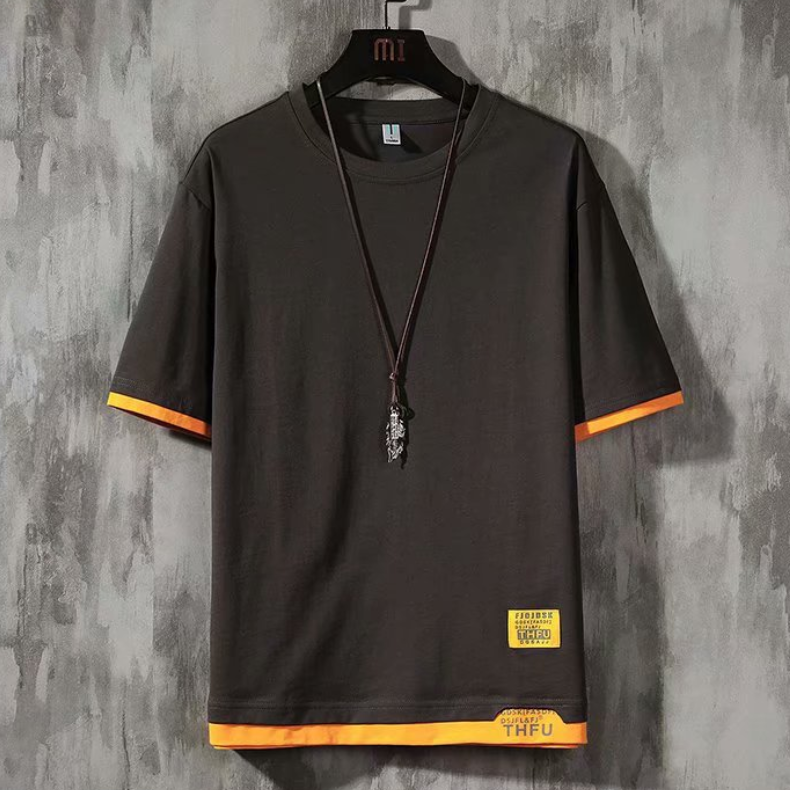 Ins潮流寬鬆港風五分半袖假兩件短袖t恤-Nuostyle