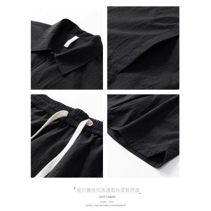 【整套】冰絲寬鬆舒適半拉鍊POLO衫+運動休閒褲兩件套