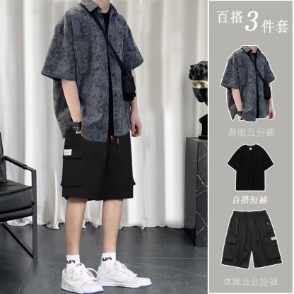 【單件/套裝】港風寬松百搭帥氣短袖襯衫+百搭T恤+休閑五分短褲三件套